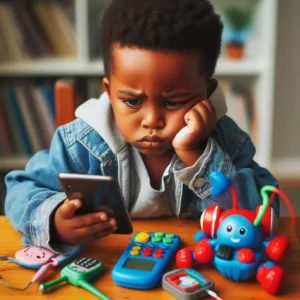 childcare - child choosing between screen time and a physical toy