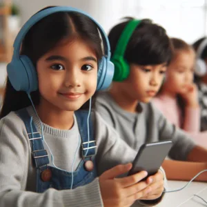 childcare - kids wearing headphones, listening to a podcast