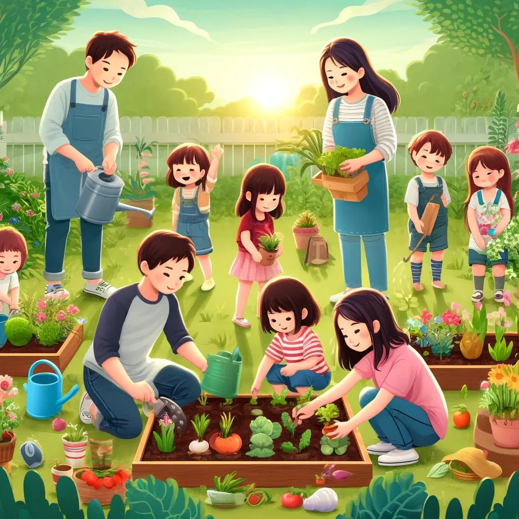 Children and parents participating in a community gardening project - childcare facilities