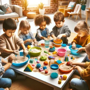 young children engaging in sensory play with various materials