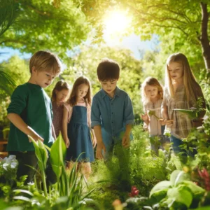 young children exploring a lush, green outdoor environment - nature-based education